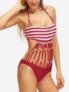 Romwe Striped Beaded Macrame Monokini