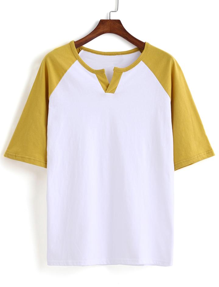 Romwe Color-block V Cut T-shirt