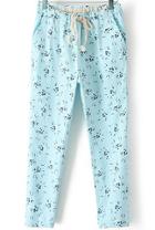 Romwe Drawstring Pastel Floral Print Sky Blue Pant