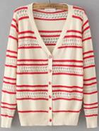 Romwe With Buttons Striped Hollow Red Cardigan