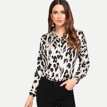 Romwe Curved Hem Leopard Blouse