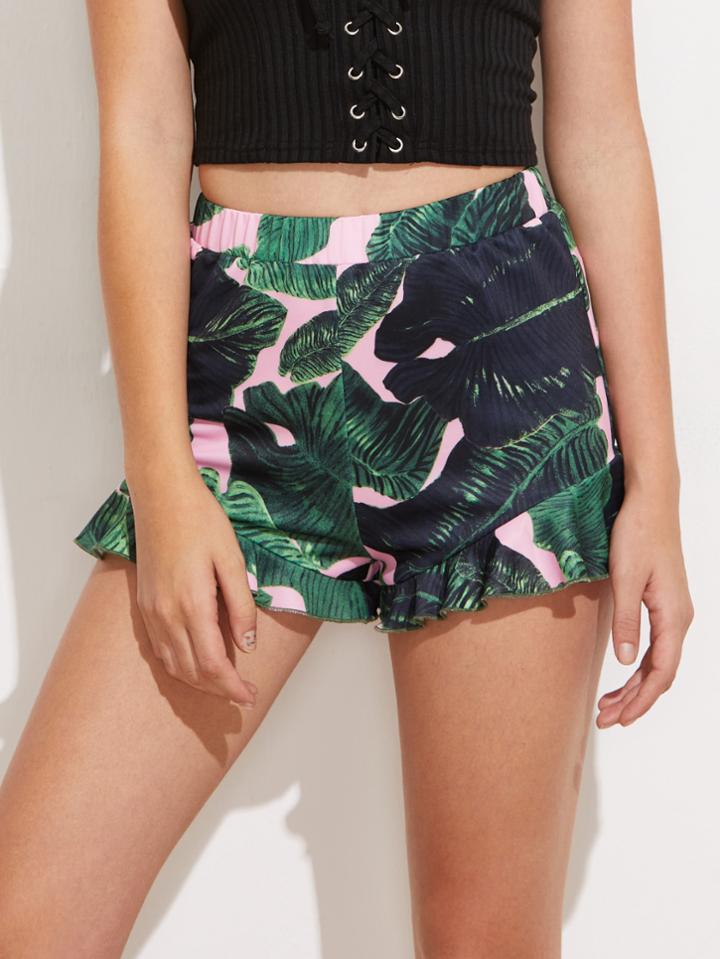 Romwe Frilled Hem Palm Leaf Print Shorts