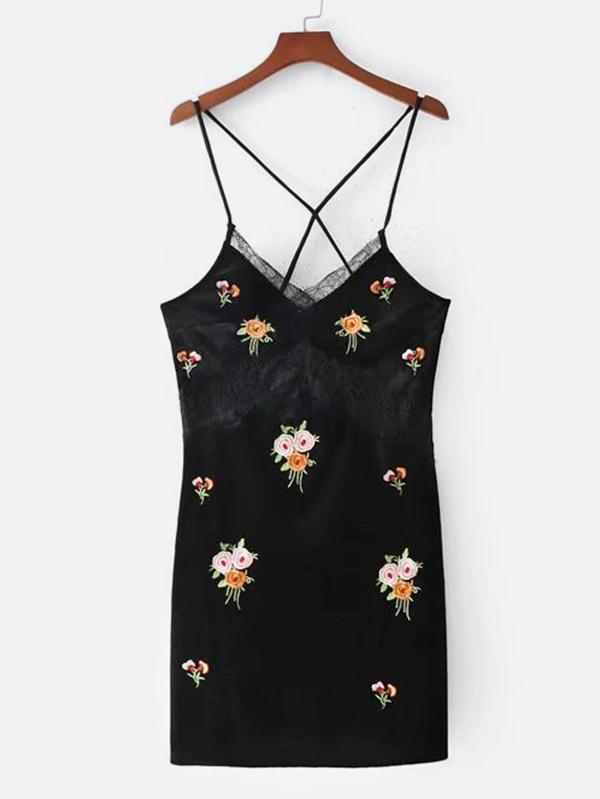 Romwe Lace Detail Flower Embroidery Velvet Cami Dress