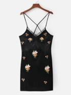 Romwe Lace Detail Flower Embroidery Velvet Cami Dress