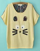 Romwe Cat Pattern Floral Yellow T-shirt