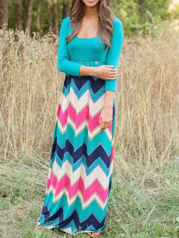 Romwe Scoop Neck Zigzag Maxi Blue Dress