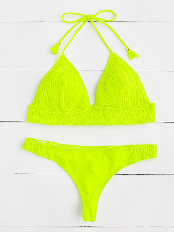 Romwe Neon Yellow Crinkle Design Triangle Bikini Set