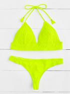 Romwe Neon Yellow Crinkle Design Triangle Bikini Set