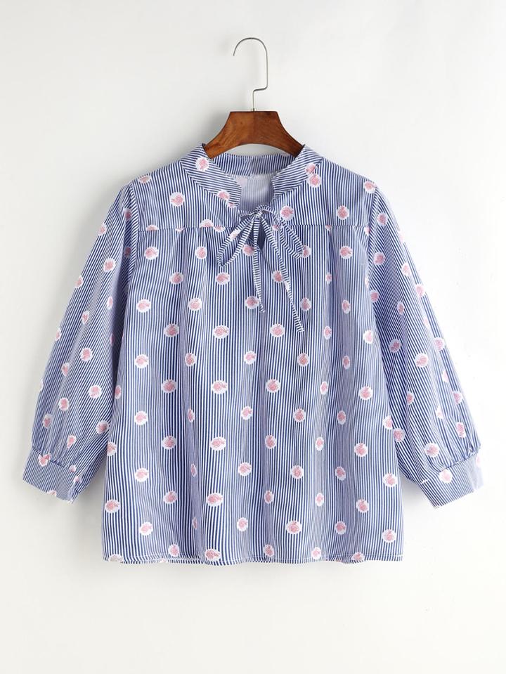 Romwe Blue Vertical Striped Floral Print Tie Neck Shirt