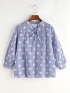 Romwe Blue Vertical Striped Floral Print Tie Neck Shirt