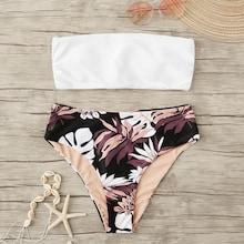 Romwe Bandeau With Leaf Print High Waist Bikini Set