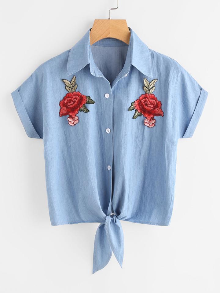 Romwe Rose Applique Knot Front Cuffed Chambray Shirt