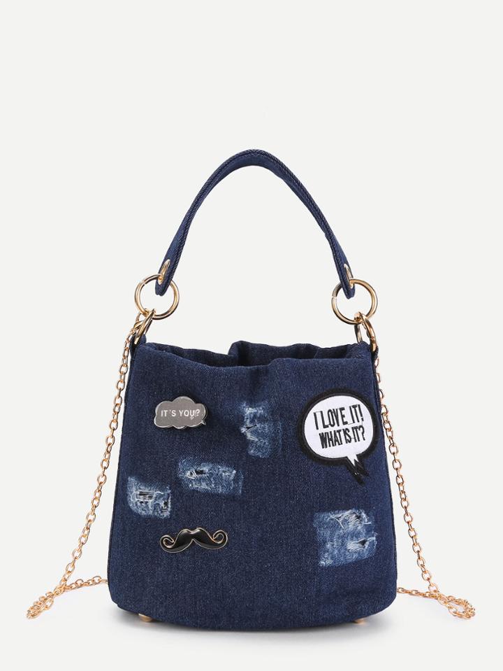 Romwe Patch Detail Denim Shoulder Bag With Handle