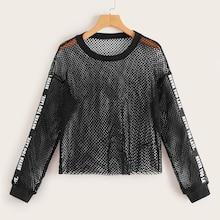 Romwe Letter Tape Side Fishnet Mesh Top