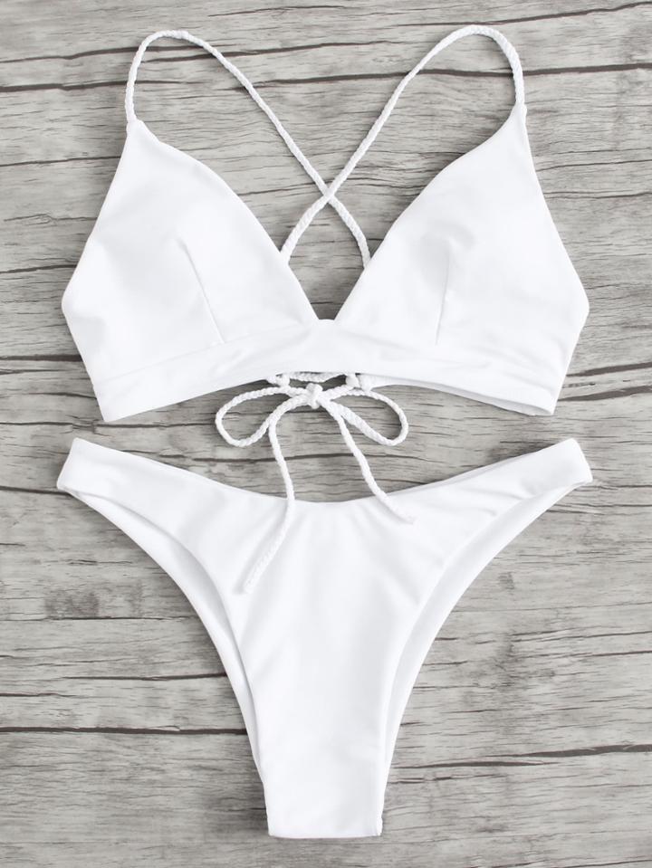 Romwe Braided Strap Detail Lace Up Bikini Set