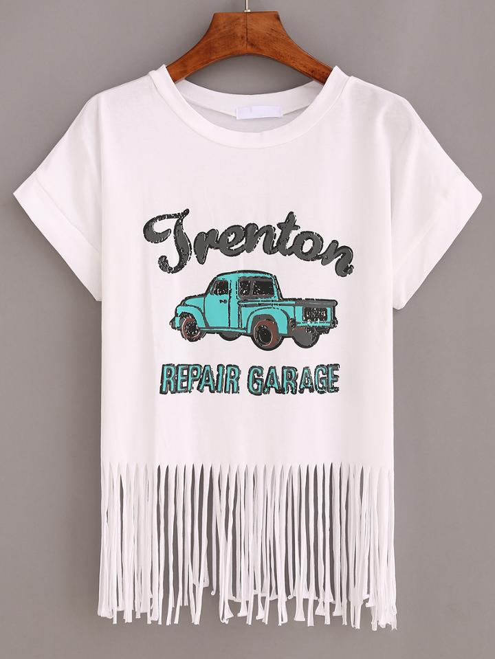 Romwe Car Print Crop Fringe T-shirt - White
