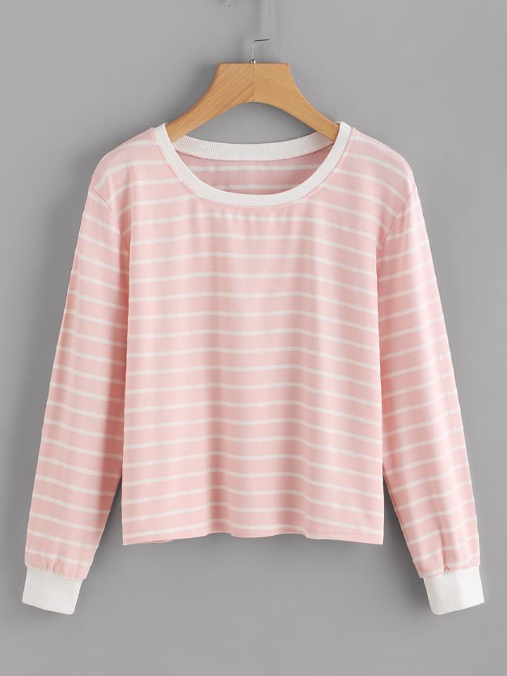 Romwe Ribbed Trim Striped Sweatshirt