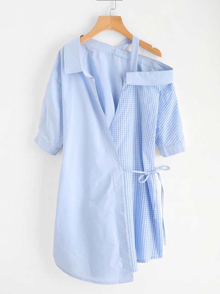 Romwe Asymmetric Open Shoulder Checked Wrap Self Tie Dress