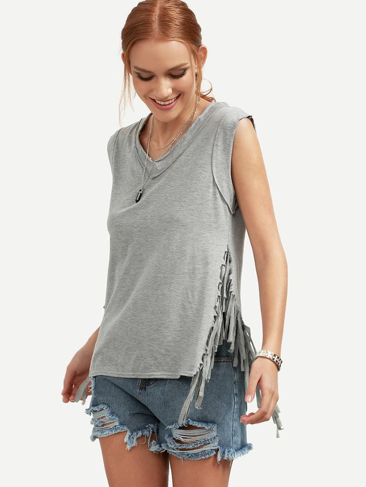 Romwe Grey V Neck Slit Fringe T-shirt