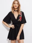 Romwe Rose Embroidered Patch Wrap Self Tie Mini Dress