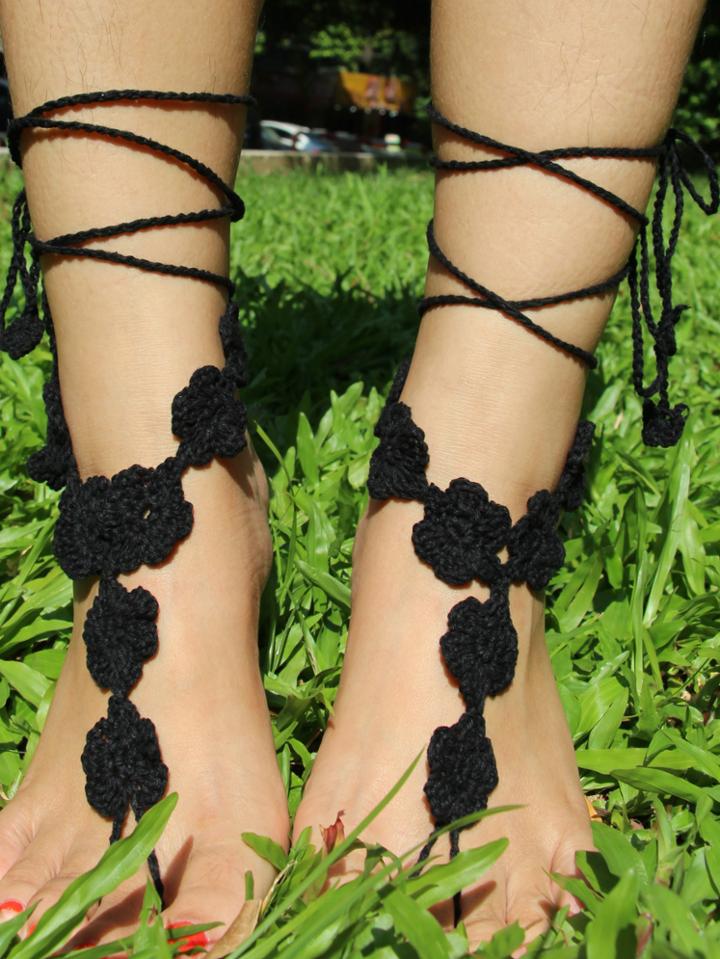 Romwe Black Sweater Crochet Mittens Anklets