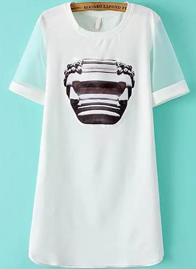 Romwe With Organza Abstract Print Shift White Dress