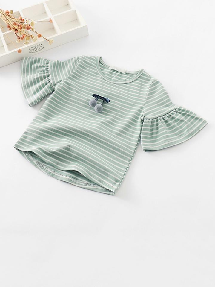 Romwe Pom Pom Detail Flounce Sleeve Striped Tee