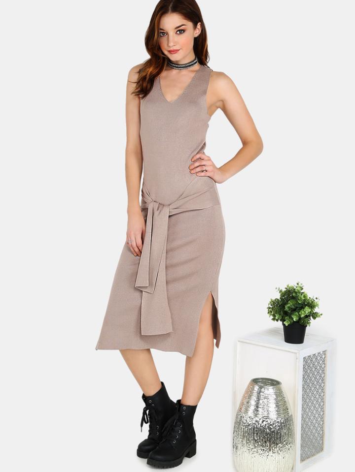 Romwe Tieable Waist Rib Knit Midi Dress Taupe