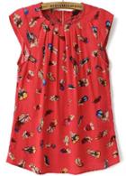 Romwe Red Sleeveless Feather Print Blouse