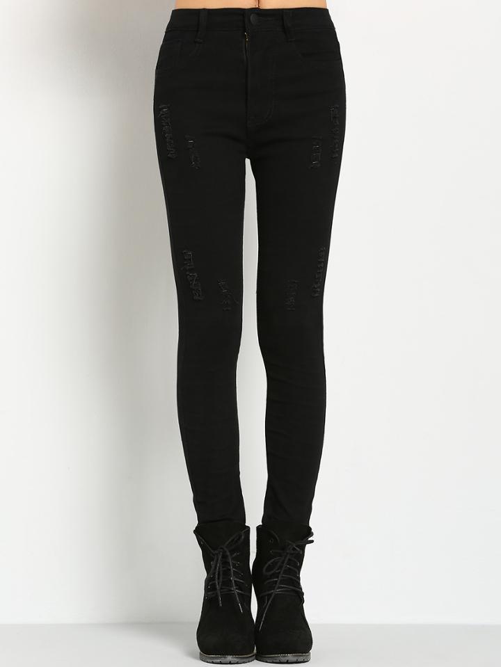 Romwe Women Ripped Denim Black Pant