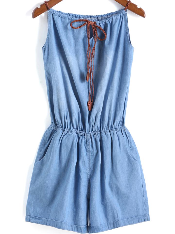 Romwe Blue Spaghetti Strap Knotted Denim Jumpsuit