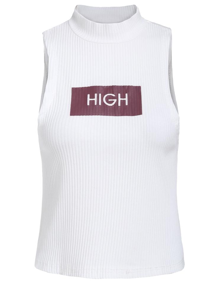 Romwe High Neck Letter Print White Tank Vest