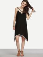 Romwe Black Crisscross Sleeveless Asymmetrical Pom-pom Hem Dress