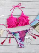 Romwe Hot Pink Ruffle Detail Bikini Set With Tassel Tie