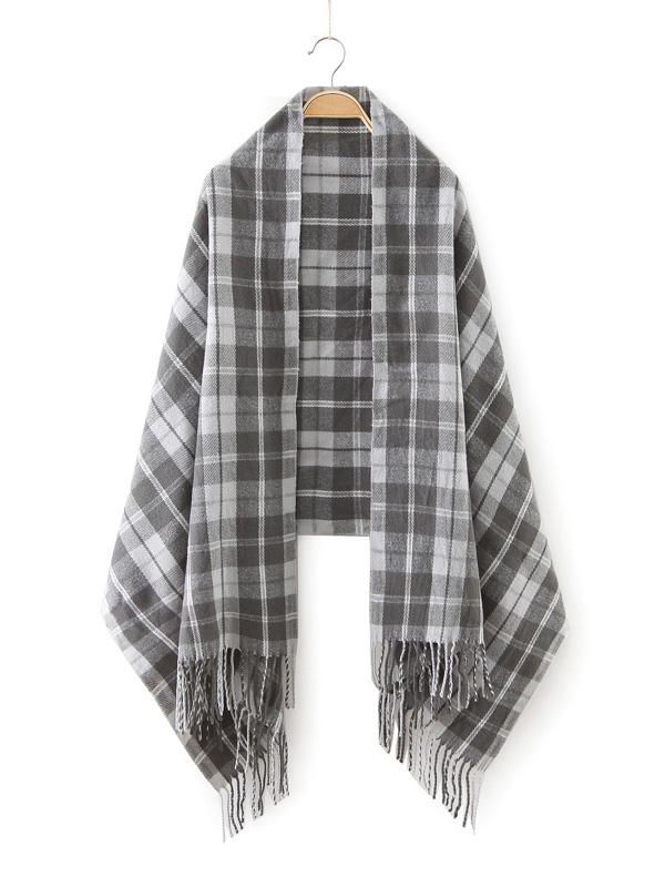 Romwe Grey Plaid Fringe Edge Scarf