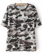 Romwe Letter Print Camouflage Grey T-shirt