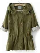 Romwe Army Green Hooded Drawstring Trench Coat