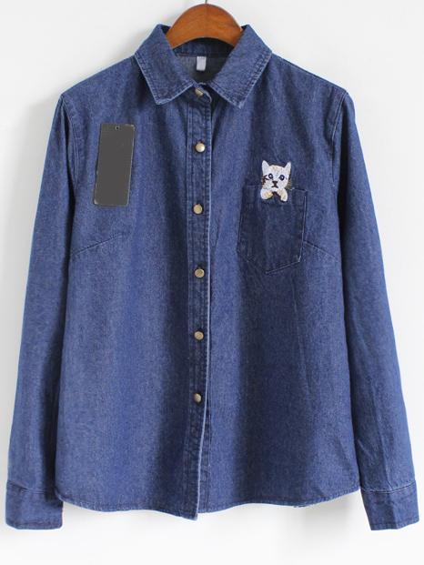 Romwe Lapel Cat Embroidered Pocket Denim Coat
