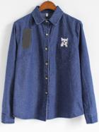 Romwe Lapel Cat Embroidered Pocket Denim Coat