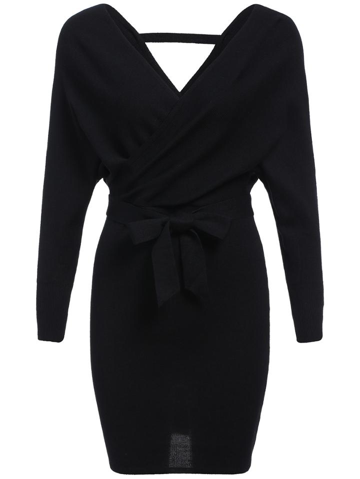 Romwe Deep V Neck Bow Tight Sweater Dress