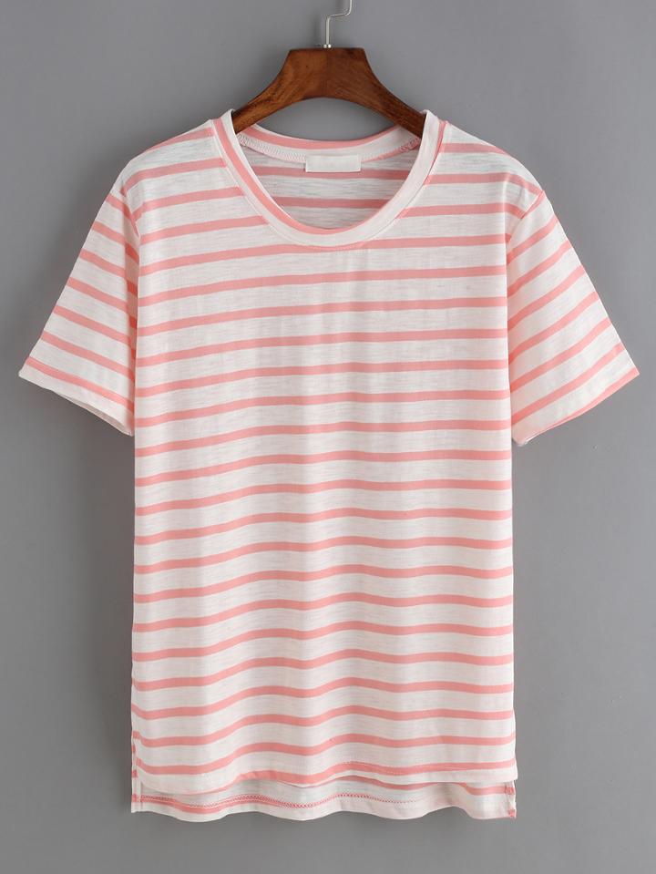 Romwe Dip Hem Striped T-shirt
