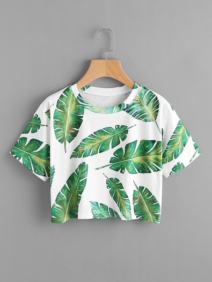 Romwe Banana Leaves Print Random Tee