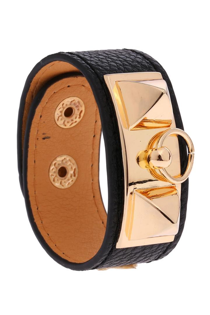 Romwe Gold Rivet Pu Black Bracelet