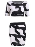 Romwe Round Neck Crop Top With Houndstooth Bodycon Skirt
