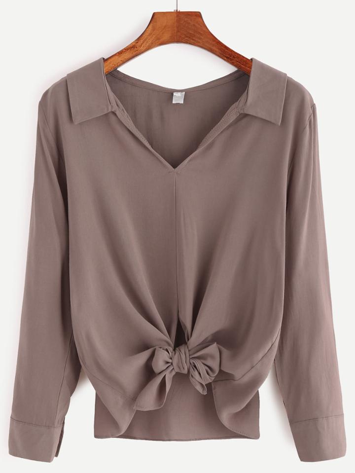 Romwe V Neck Knotted Hem Blouse