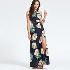 Romwe High Split Floral Halterneck Maxi Dress