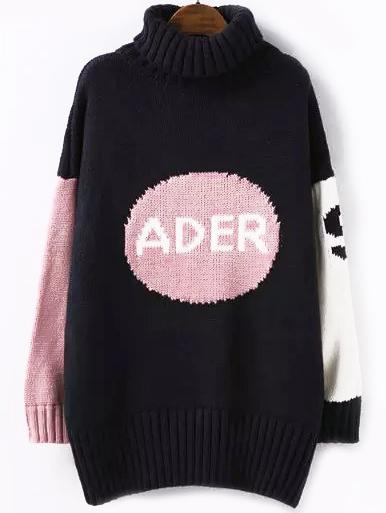 Romwe Turtleneck Dropped Shoulder Seam Letter Print Black Sweater Dress