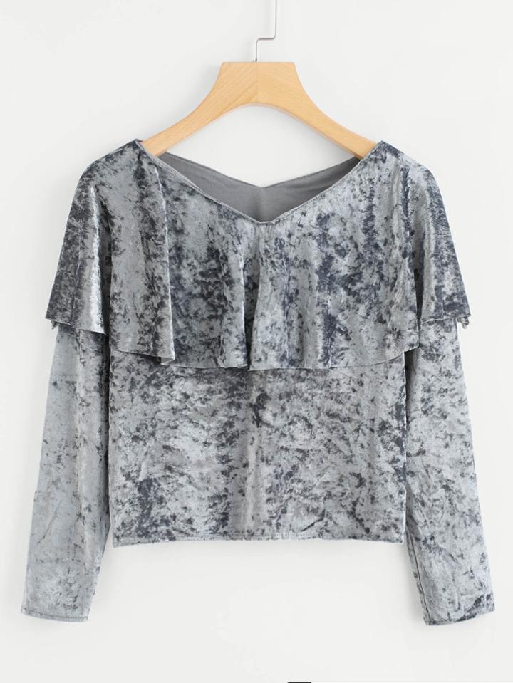 Romwe Ruffle Trim Velvet Top