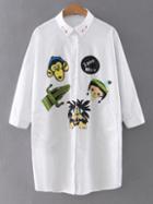 Romwe White Half Sleeve Printed Button Shirt Dress