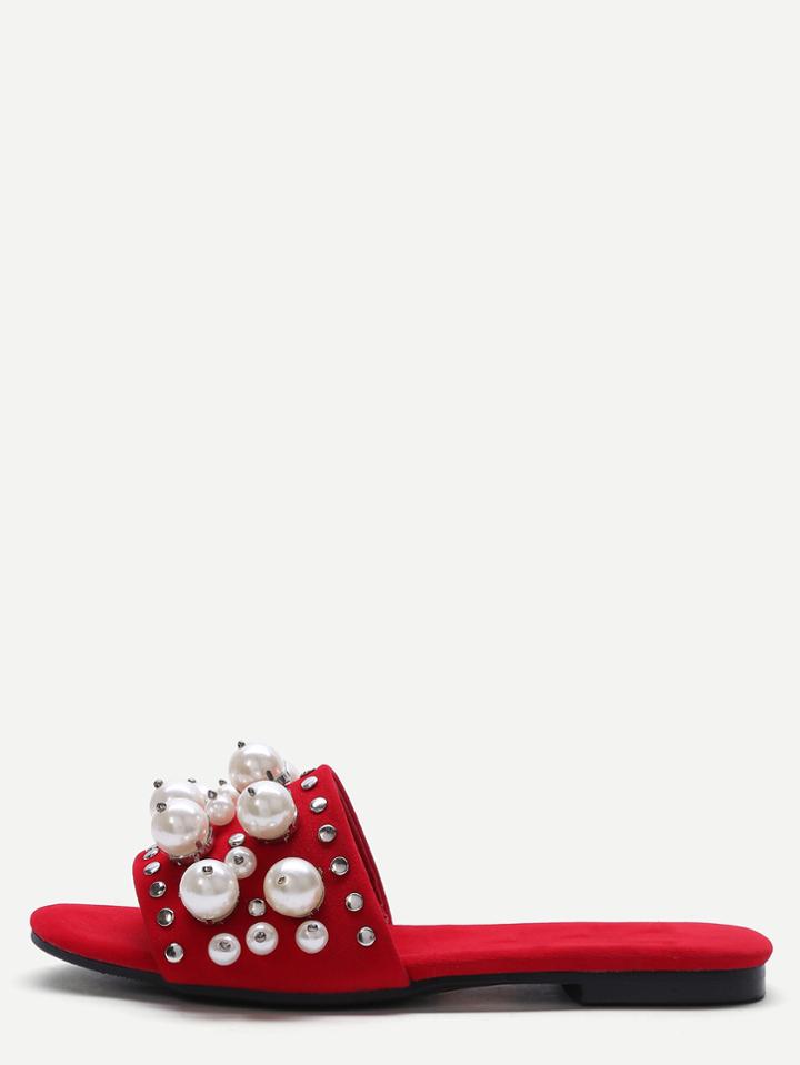 Romwe Red Open Toe Faux Pearl Inlay Studded Slippers